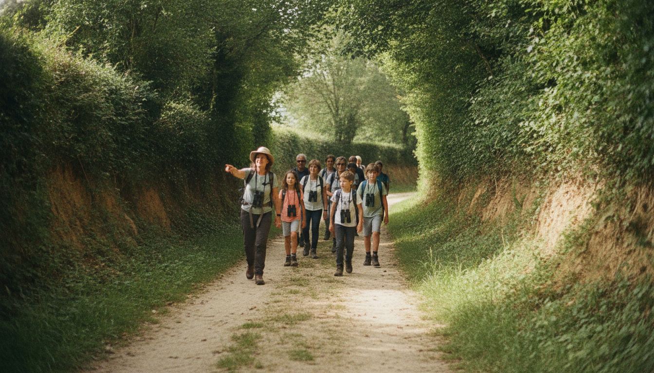 Groupe en sortie commentée sur un chemin bordé de haies